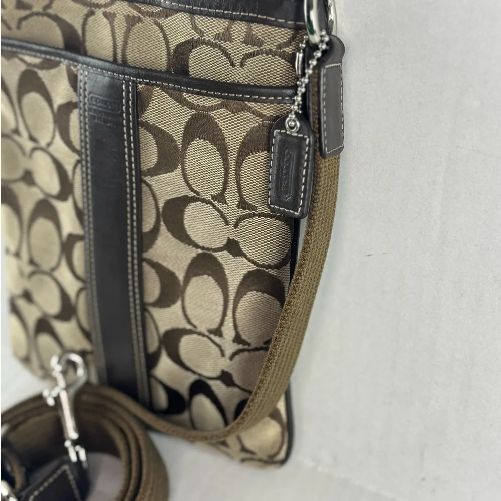 Coach Vintage Small Crossbody Bag Tan Logo Printed Canvas Brown Leather Accents.